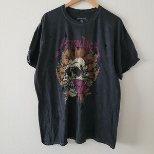 Metallica dark gray distressed flaming skull with flower shirt